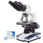 AmScope Microscopio compuesto binocular de laboratorio 40X-2500X LED con etapa 3D con 50 diapositivas en blanco